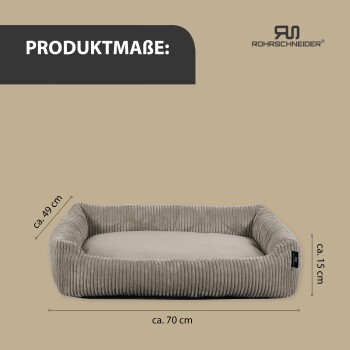 Haustierbett aus weichem, geripptem Stoff mit den Abmessungen von etwa 70 cm x 49 cm x 15 cm, beschriftet mit 'PRODUKTMASSE'.