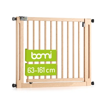 Holztiergitter mit vertikalen Latten, verstellbare Breite 63-161 cm, mit dem Markennamen 'bomi' in grüner Schrift.