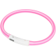 Ein pinkfarbener Haustierhalsband mit einem weißen Verschluss, mit einem Knopf zur Anpassung, vor einem weißen Hintergrund präsentiert.