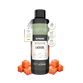 Schwarze ALPHAZOO Lachsölflasche für Haustiere, mit Pfotenabdruck-Design und frischen Lachsstücken. Text hebt Vorteile wie Omega 3 hervor.