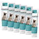 Sechs Tuben OptiPet Antiparasiten-Shampoo mit einem Mops auf dem Etikett, mit Text in mehreren Sprachen über Floh- und Zeckenprävention.