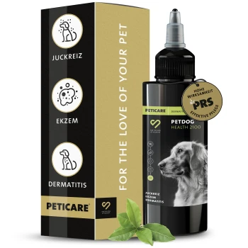Flasche von Petcare Petdog Health 2100, eine dermatologische Behandlung für Hunde, mit einem goldenen Siegel der Wirksamkeit und Kräuterblättern.