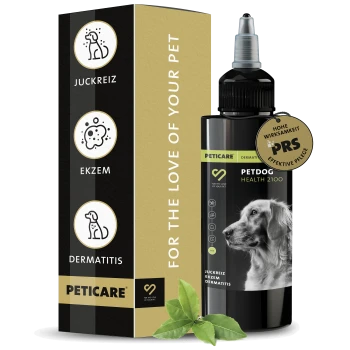 Flasche von Petcare Petdog Health 2100, eine dermatologische Behandlung für Hunde, mit einem goldenen Siegel der Wirksamkeit und Kräuterblättern.