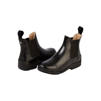 Schwarze Leder-Ankle Boots mit elastischen Seitenpaneelen und einem weichen Innenfutter, aus zwei Blickwinkeln präsentiert.