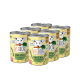 Sechs Dosen VegDog-Hundefutter, beschriftet mit "Erbsen & Hirse," mit einem Cartoonhund, der eine Karotte hält.