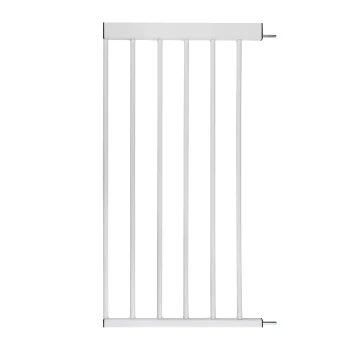 Weißes Haustiersicherheitsgitter mit vertikalen Stangen und verstellbarem Montagematerial, entworfen, um Haustiere in bestimmten Bereichen sicher zu halten.