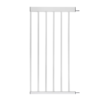 Weißes Haustiersicherheitsgitter mit vertikalen Stangen und verstellbarem Montagematerial, entworfen, um Haustiere in bestimmten Bereichen sicher zu halten.