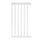 Weißes Haustiersicherheitsgitter mit vertikalen Stangen und verstellbarem Montagematerial, entworfen, um Haustiere in bestimmten Bereichen sicher zu halten.