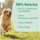 Golden Retriever läuft auf Gras mit dem Text „100 % natürlich, frei von künstlichen Zusatzstoffen, Konservierungsmitteln, Füllstoffen und Zucker“ auf Deutsch.