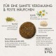 Produktbild von Hundefutter mit einer runden, braunen Pellet umgeben von Kräutern und Zutaten. Text hebt Vorteile für die Verdauung hervor.
