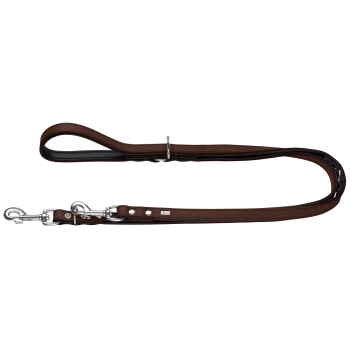 Braune Leder-Hundeleine mit gepolstertem Griff, drehbarem Metallverschluss und Verstellringen, kleine Metall-Logoplakette