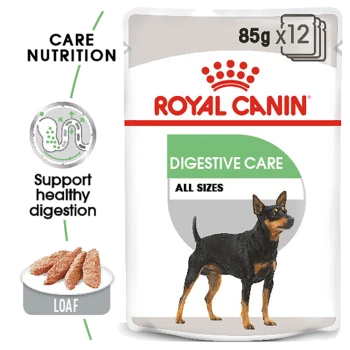 Royal Canin Digestive Care dog food packaging, featuring a black and tan dog, with text highlighting "Support healthy digestion" and "All sizes."