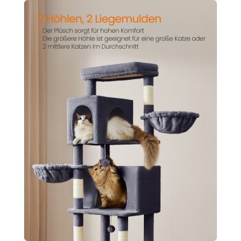 Ein Katzenbaum mit zwei Höhlen und Liegeplätzen, mit einer Katze in einer Höhle und einer anderen, die mit einem Spielzeug spielt. Ideal für große oder mittelgroße Katzen.
