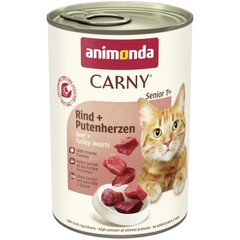 Dose Animonda CARNY Katzenfutter, Senior 7+, Rind + Putenherzen, orange Katze und Fleischstücke auf dem Etikett.