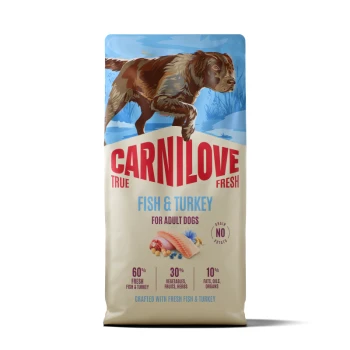Sac de nourriture pour chiens adultes Carnilove Fish & Turkey avec illustration d'un chien brun, mentions 'True Fresh' et 'Sans céréales/pomme de terre'.