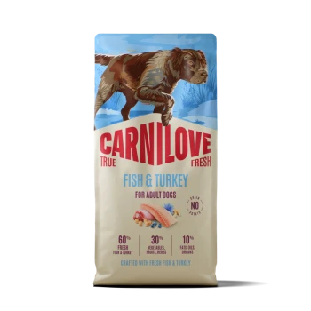 Sac de nourriture pour chiens adultes Carnilove Fish & Turkey avec illustration d'un chien brun, mentions 'True Fresh' et 'Sans céréales/pomme de terre'.