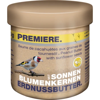 Peanut butter for pets with sunflower seeds, featuring a goldfinch illustration on the jar, labeled "PREMIERE."