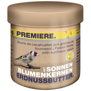 Erdnussbutter für Haustiere mit Sonnenblumenkernen, mit einer Abbildung eines Stieglitzes auf dem Glas, beschriftet mit "PREMIERE."