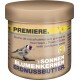 Erdnussbutter für Haustiere mit Sonnenblumenkernen, mit einer Abbildung eines Stieglitzes auf dem Glas, beschriftet mit "PREMIERE."