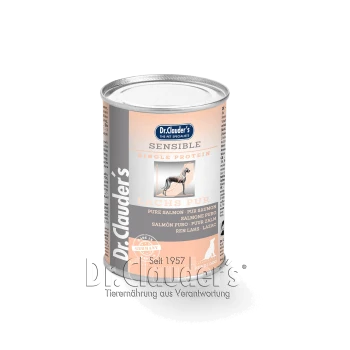 Dose Dr. Clauder's Sensible Single Protein Hundefutter, mit dem Etikett "Lachs Pur", mit einem Hundebild und Nährstoffdetails.