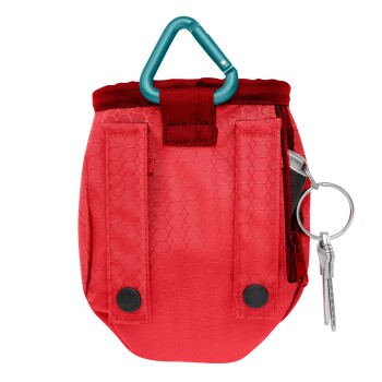Rote Leckerli-Tasche für Haustiere mit hexagonalem Muster, mit einem türkisfarbenen Karabiner, Reißverschluss und angebrachtem Schlüsselring.