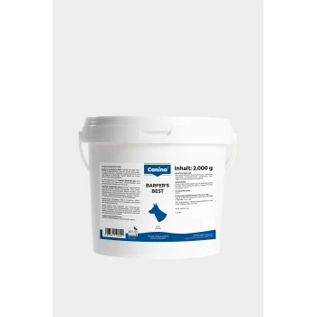 Weißer Eimer mit der Aufschrift 'Canina BARFER's BEST' für Hunde, der 2000 g Nahrungsergänzungsmittel mit Zutaten und Fütterungshinweisen enthält.