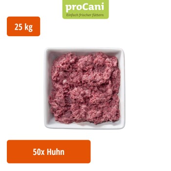 Verpacktes rohes Hühnerfleisch für Hunde, gekennzeichnet mit "proCani buy nature", mit einer malerischen Kulisse und dem Text "Hühnerfleisch pur".