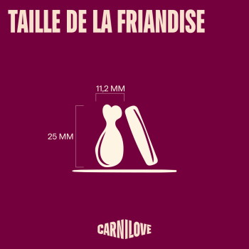 Deux silhouettes de friandises pour animaux étiquetées «25 MM» et «11,2 MM» ; en-tête «TAILLE DE LA FRIANDISE» et logo «CARNILOVE».
