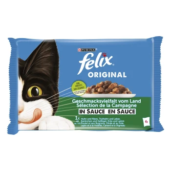 12x85g in Sauce Felix Original Katzenfutterverpackung mit dem Gesicht einer schwarz-weißen Katze, mit Text, der 'In Sauce' und 'Selection de la Campagne' hervorhebt.