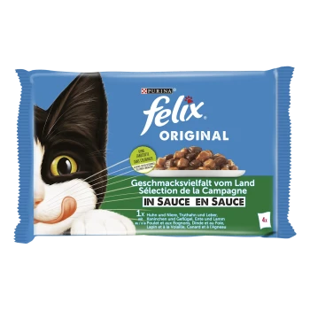 Felix Original Katzenfutterverpackung mit dem Gesicht einer schwarz-weißen Katze, mit Text, der 'In Sauce' und 'Selection de la Campagne' hervorhebt.