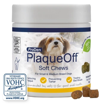 PlaqueOff Soft Chews Dog 120pk Jar of ProDen PlaqueOff soft chews for small/medium dogs with dog image, VOHC Accepted badge and pictured chew pieces.