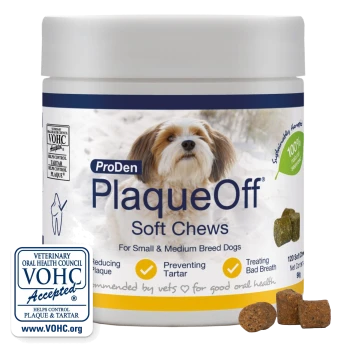 Jar of ProDen PlaqueOff soft chews for small/medium dogs with dog image, VOHC Accepted badge and pictured chew pieces.