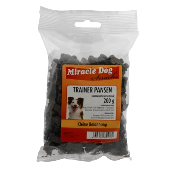 Miracle Dog Snacks Trainer Pansen 200g Hundeleckerlis mit Bild eines glücklichen Hundes, beschriftet mit „Kleine Belohnung“.