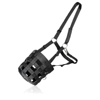Schwarzer Maulkorb für Haustiere mit einem gewebten Design und verstellbaren Riemen, mit einem Clip zur sicheren Befestigung.