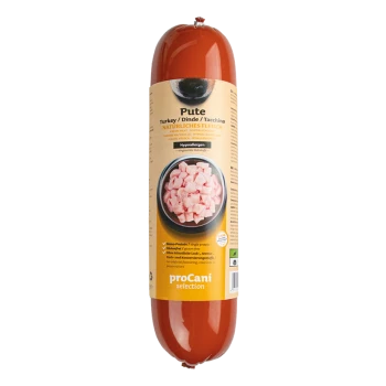 Truthahn-Hundefutterrolle mit der Bezeichnung "proCani selection", die eine Schüssel mit gewürfeltem Fleisch zeigt, wobei hypoallergene und natürliche Zutaten hervorgehoben werden.