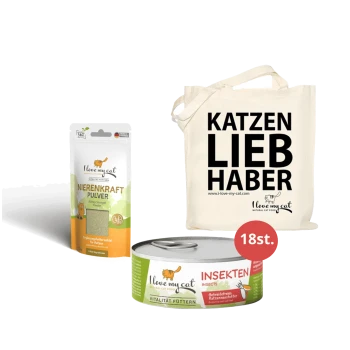 Eine Flasche "Nierenkraft Pulver" Katzenzusatz, eine Dose mit insektbasierter Katzenfutter mit der Aufschrift "INSEKTEN" und eine Tragetasche mit dem Text "KATZEN LIEB HABER."