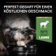 Ein Merle-Hund frisst aus schwarzen "Purina Pro Plan" Schalen mit dem Text: "Perfekt gegart für einen köstlichen Geschmack" und "N°1 Zutat Lamm."