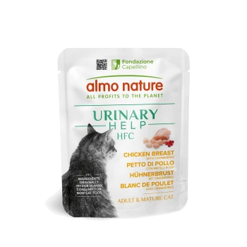 Almo Nature Urinary Help HFC Katzenfutterbeutel mit Hühnerbrust und Cranberries für erwachsene und ältere Katzen.