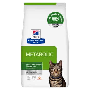 Beutel Hill's Prescription Diet METABOLIC Katzenfutter — Gewicht- und Diabetesmanagement; 88%-Abzeichen 'Zu Hause Gewicht verloren'; getigerte Katze
