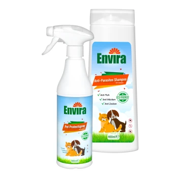 Envira Pet Protect Spray und Shampoo mit umweltfreundlichen Ansprüchen, mit Illustrationen von Hunden und Katzen, bietet Schutz vor Flöhen, Mücken und Zecken.