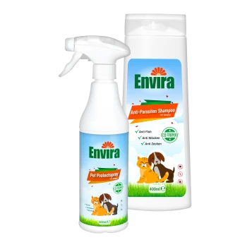 Envira Pet Protect Spray und Shampoo mit umweltfreundlichen Ansprüchen, mit Illustrationen von Hunden und Katzen, bietet Schutz vor Flöhen, Mücken und Zecken.