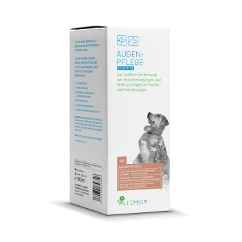 Verpackung für die Augenpflege-Lösung "Augenpflege Sensitive" für Hunde und Katzen, mit einem Hund auf der Vorderseite und Produktdetails in deutscher Sprache.