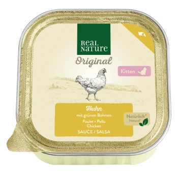 Real Nature Original Kitten Nassfutter mit Huhn und grünen Bohnen in Sauce, Etikett mit natürlichen Zutaten.
