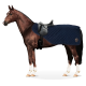 Ein braunes Pferd steht seitlich, trägt eine marineblaue gesteppte Satteldecke und einen Sattel. Das Pferd hat eine geflochtene Mähne und weiße Abzeichen im Gesicht und an den Beinen.