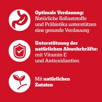 Roter Hintergrund mit weißem Text und Symbolen, die die Vorteile von Haustierfutter hervorheben: optimale Verdauung, Immununterstützung und natürliche Zutaten.