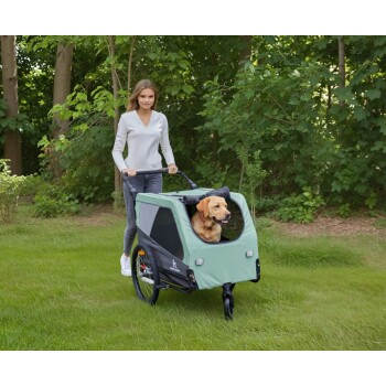 Frau schiebt grünen Haustier-Kinderwagen in einem Park mit einem Golden Retriever darin; kleines weißes Logo auf dem Anhänger