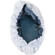 A cozy, round pet bed with a soft, plush interior in dark blue and a light blue, quilted exterior, featuring a gathered edge.