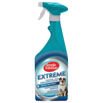A spray bottle of Simple Solution Extreme Stain & Odour Remover, featuring a dog image, with text indicating "3X Pro-Bacteria."