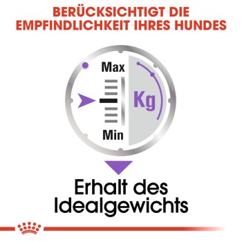 Illustration eines Messgeräts, das den Gewichtsbereich in Kilogramm mit den Beschriftungen "Max" und "Min" anzeigt, und Text, der "Erhalt des Idealgewichts" angibt.