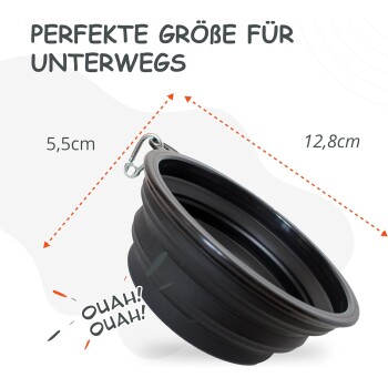 Schwarze zusammenklappbare Fressnapf für Haustiere, 5,5 cm hoch und 12,8 cm breit, mit "Perfekte Größe für Unterwegs" und verspielten Geräuschen "OUAH! OUAH!"